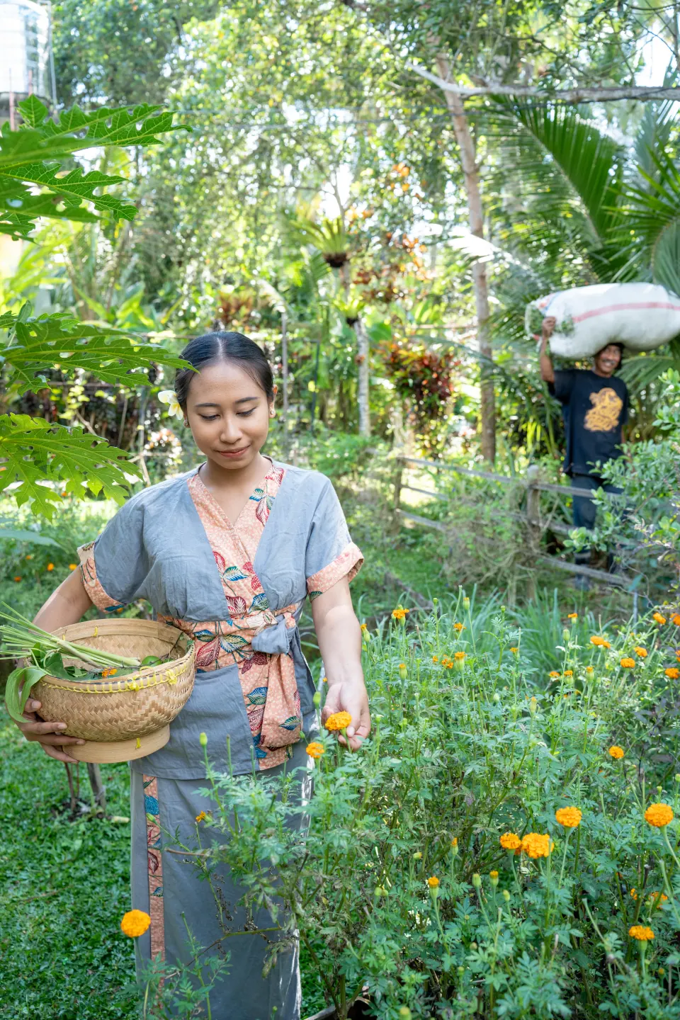 The spa team tending and gathering plants in the herbal garden