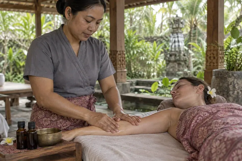 An oil massage with essential oil bottles nearby