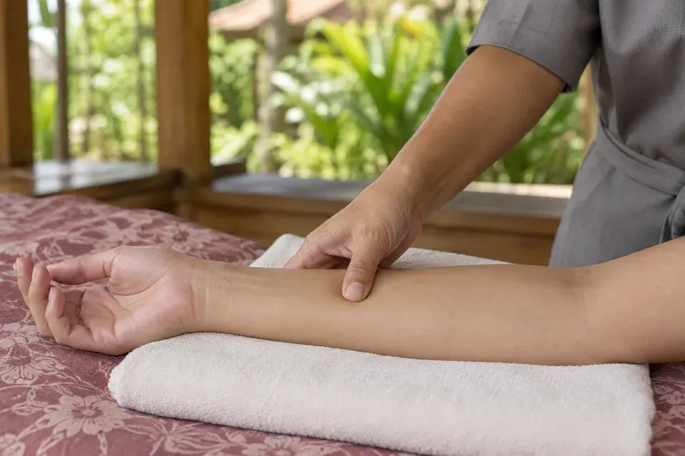 Fingertip pressure along the forearm during Marma massage